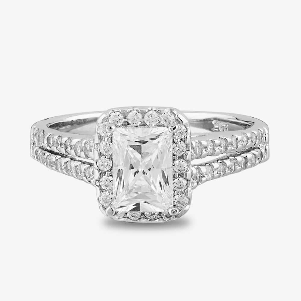 Starbright Silver Emerald-Cut Cubic Zirconia Halo Split Shouldered Ring R6160 3A