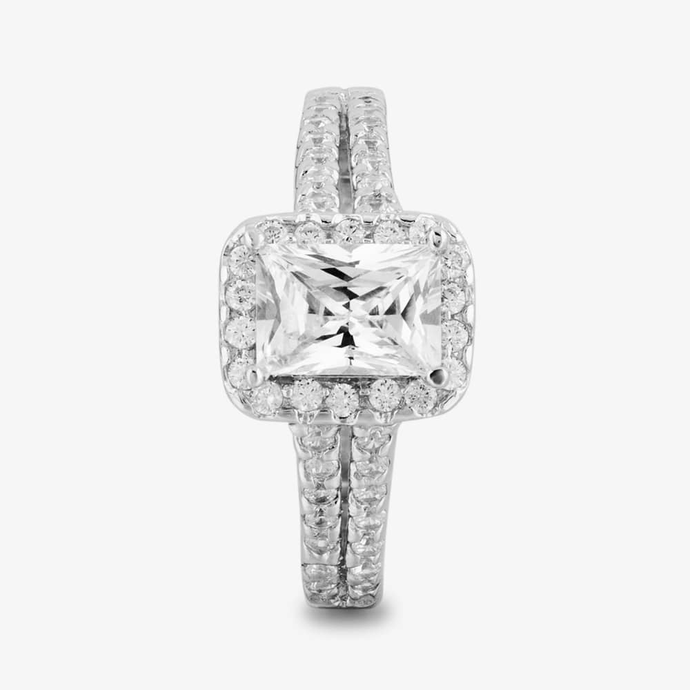 Starbright Silver Emerald-Cut Cubic Zirconia Halo Split Shouldered Ring R6160 3A