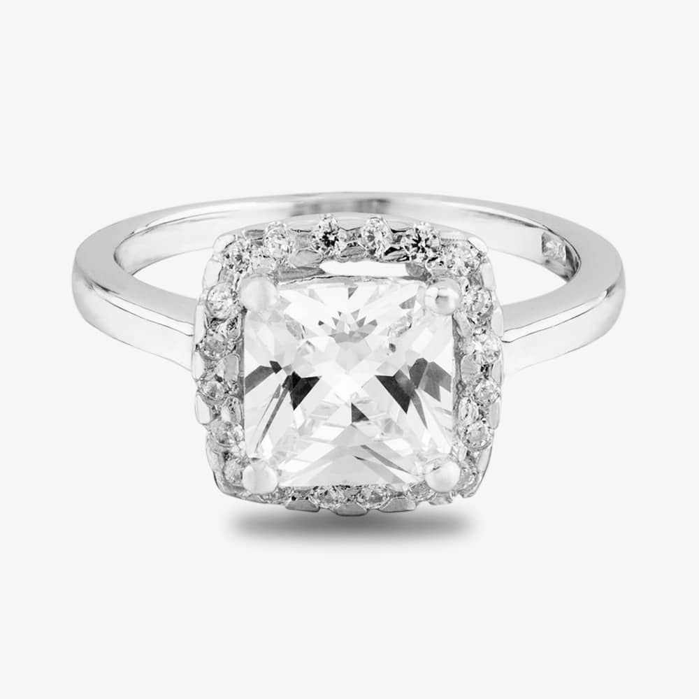 Starbright Silver Square-cut Cubic Zirconia Halo Ring R7048 3A