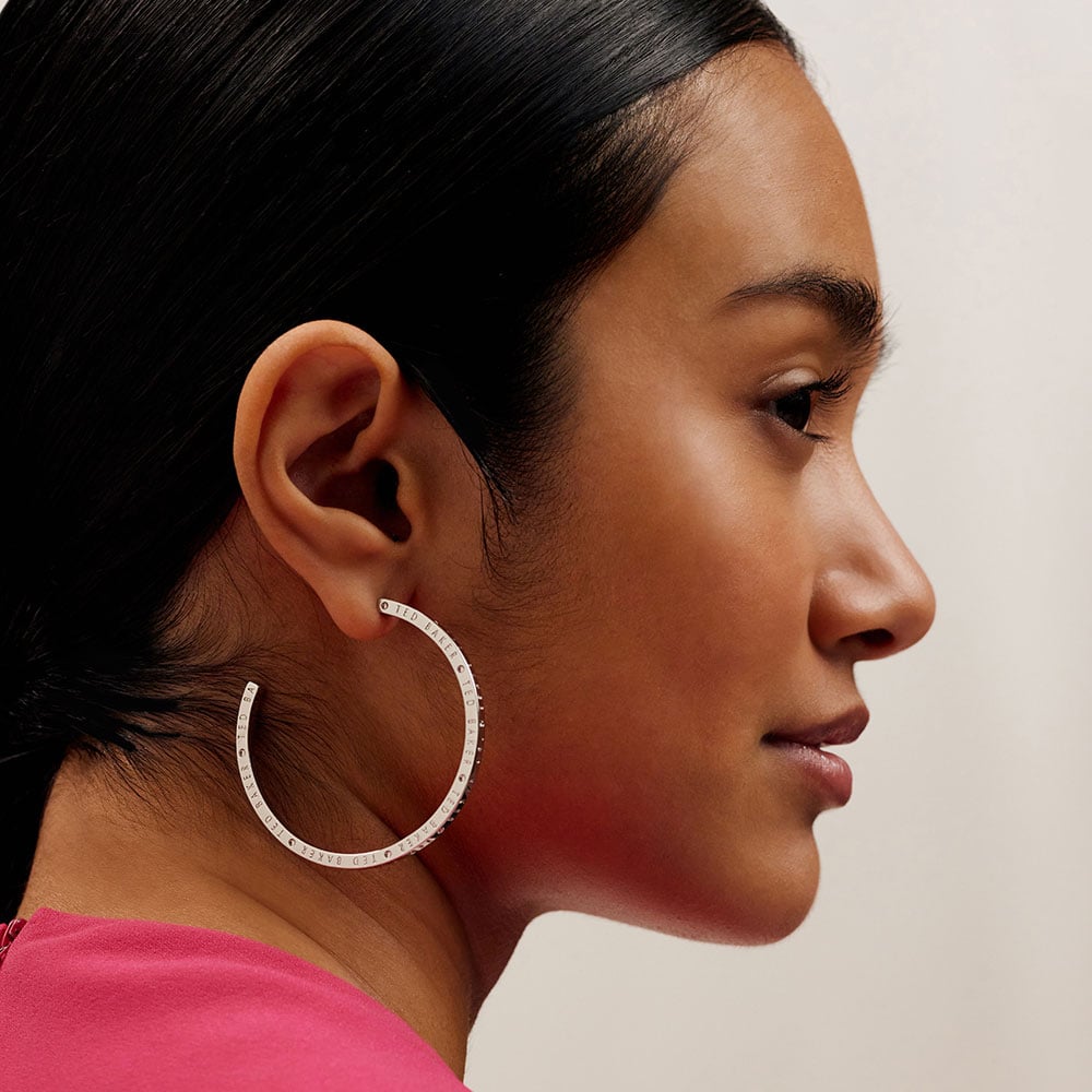 Ted Baker LOA Silver Tone Plated Logo Half Hoop Earrings TBJ3818-01-03