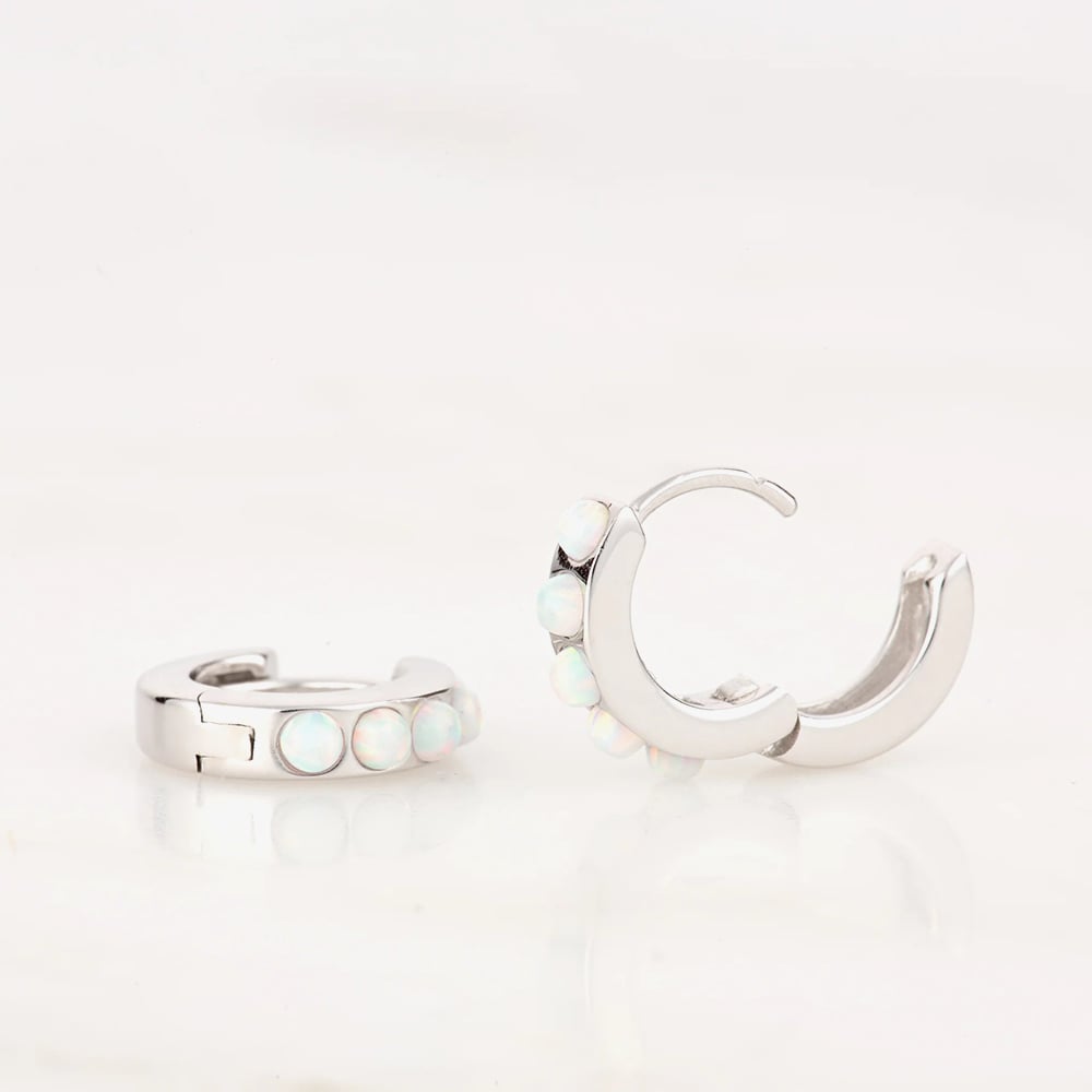 Scream Pretty Silver Rhodium Plated Plated White Opal Huggie Hoop Earrings SPESS108-WHITE