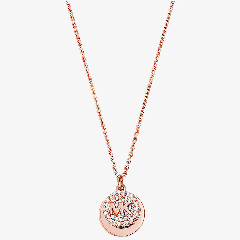 Product photograph of Michael Kors Premium Rose Gold Plated Double Circle Logo Necklace Mkc1515an791 from The Jewel Hut