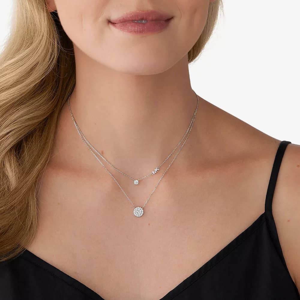 Michael Kors Silver Round Crystal MK Double Layered Necklace MKC1591AN040