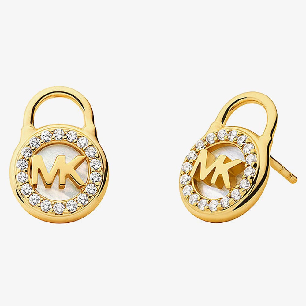 Product photograph of Michael Kors Premium Gold-tone Padlock Stud Earrings Mkc1558ah710 from The Jewel Hut