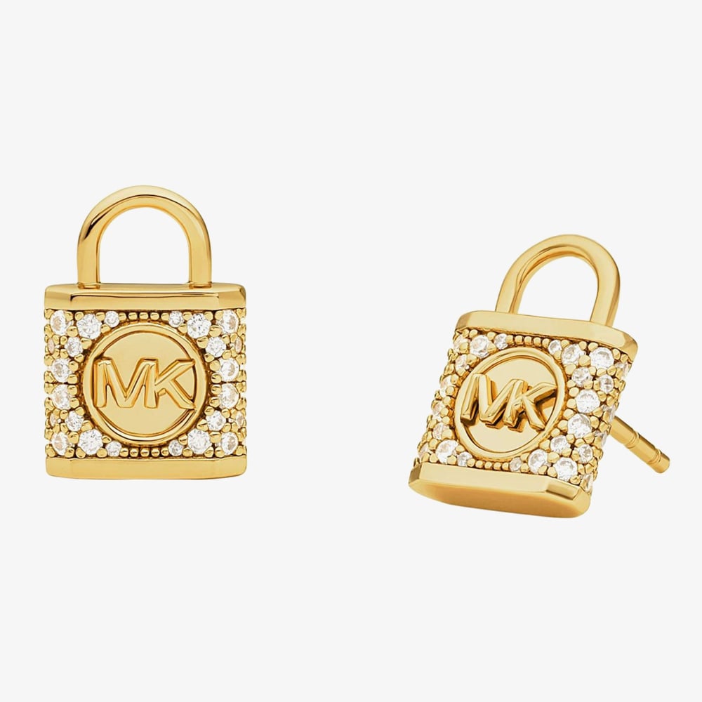 Michael Kors 14ct Gold Plated Cubic Zirconia Logo Padlock Stud Earrings MKC1628AN710