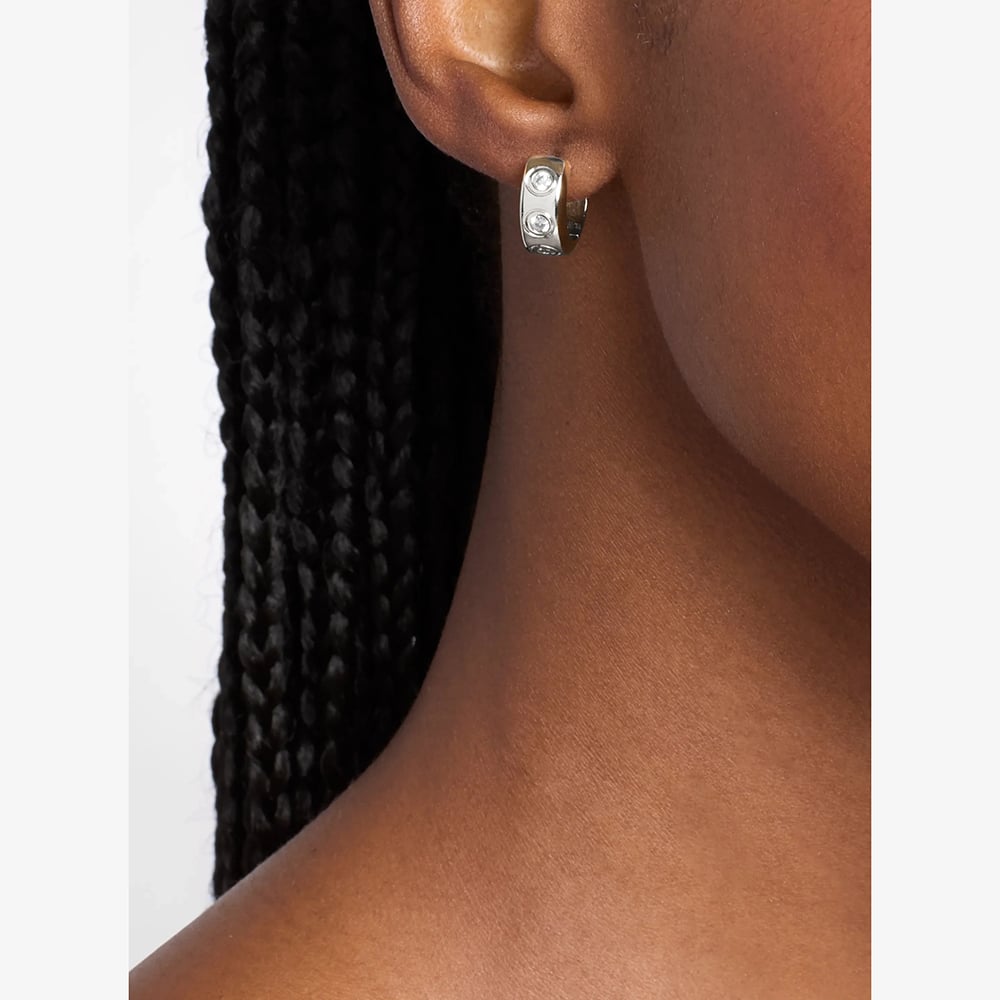 Michael Kors Silver Tone Plated Cubic Zirconia Pave Logo Huggie Hoop Earrings MKJ8652040