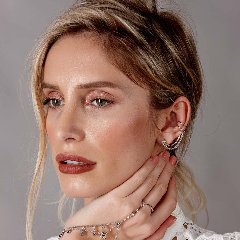 Lucy Quartermaine Silver Art Deco Single Ear Cuff And Stud With Chain ADCU2