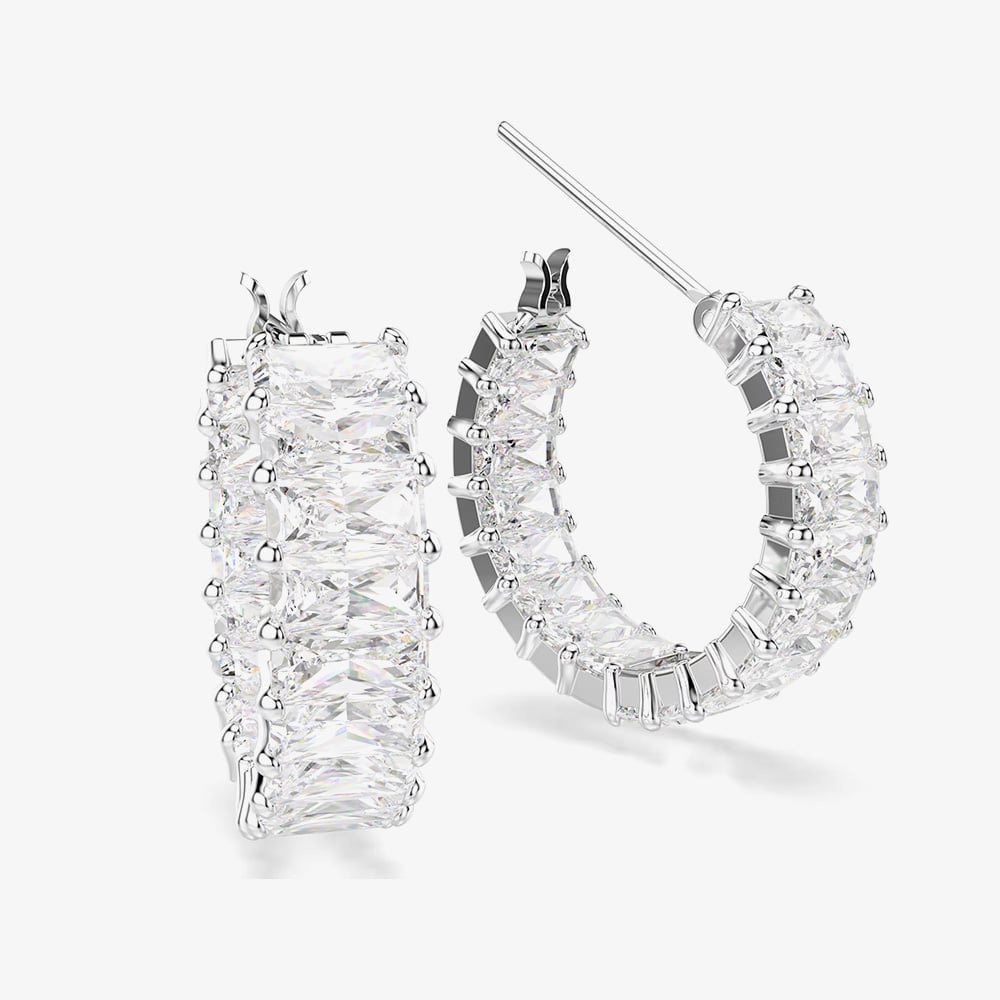 Swarovski Matrix Rhodium Plated Baguette Cut White Zirconia Hoop Earrings 5733397