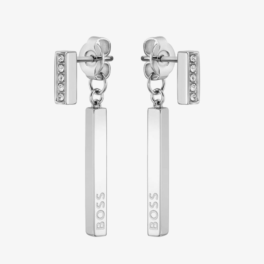 Product photograph of Boss Saya Silver-tone Double Bar Drop Earrings 1580282 from The Jewel Hut