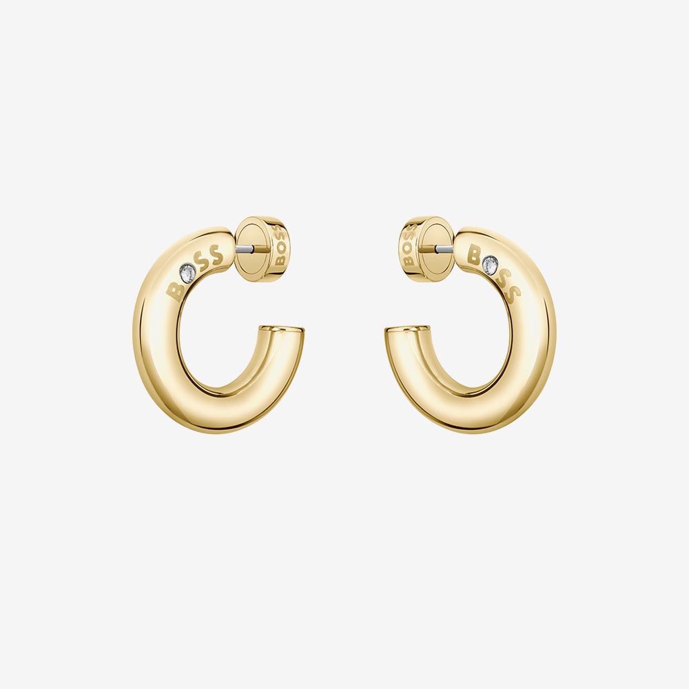 BOSS Gold Tone Crystal Logo Hoop Earrings 1580690