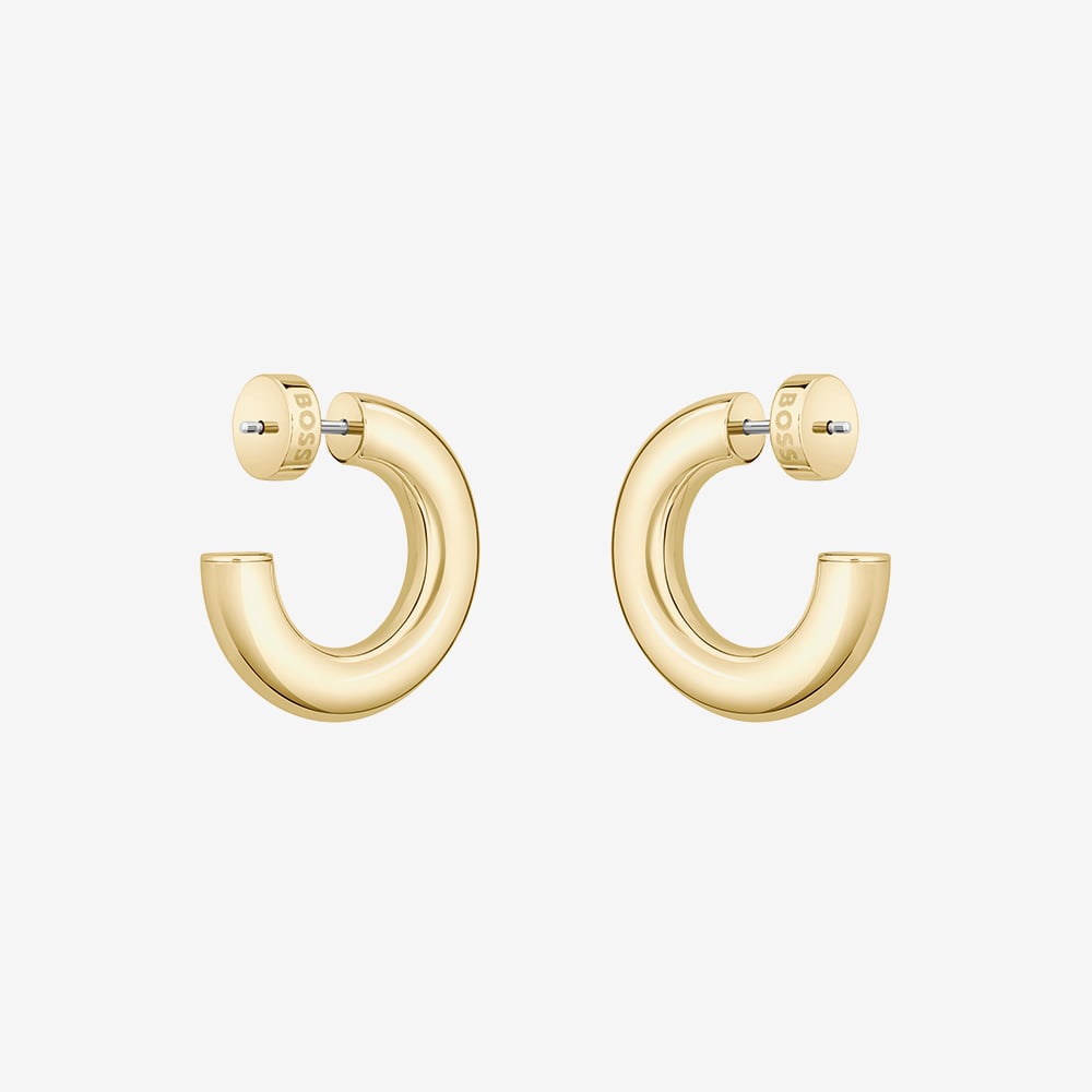 BOSS Gold Tone Crystal Logo Hoop Earrings 1580690