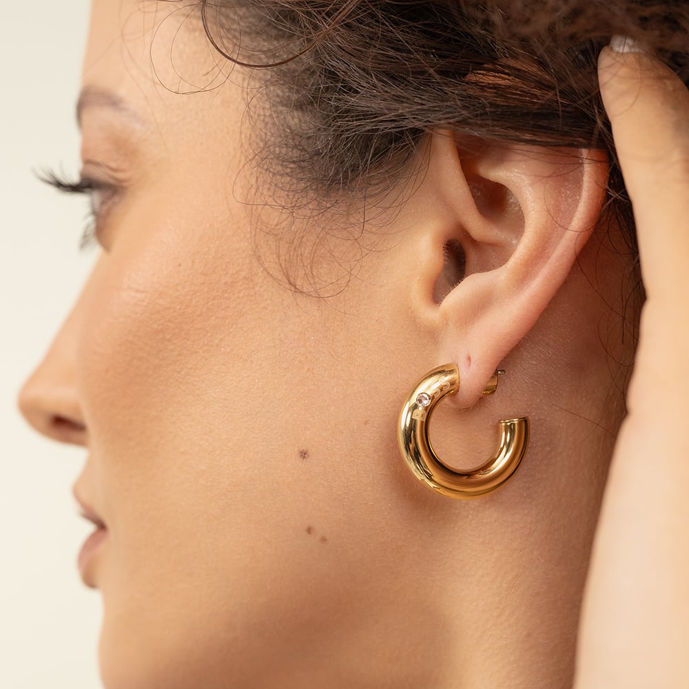 BOSS Gold Tone Crystal Logo Hoop Earrings 1580690