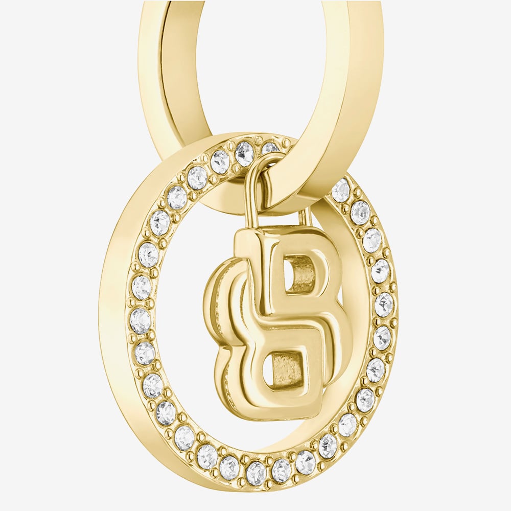 BOSS Double B Divine Gold Tone Drop Huggie Hoop Earrings 1580821