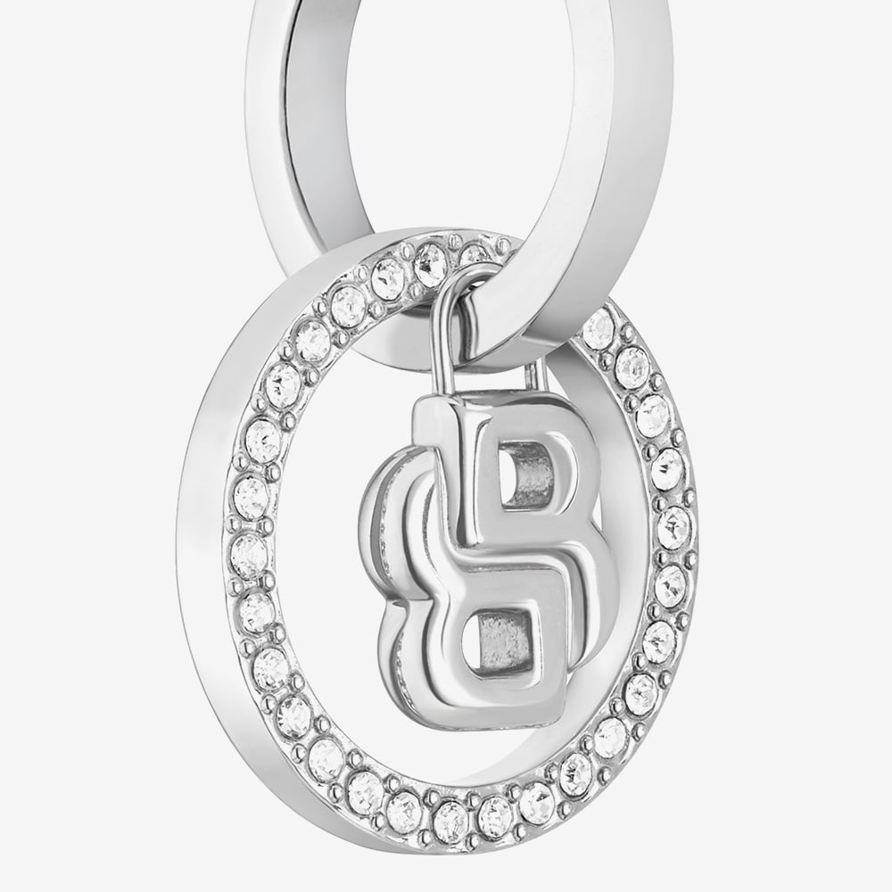 BOSS Double B Divine Silver Tone Drop Huggie Hoop Earrings 1580820