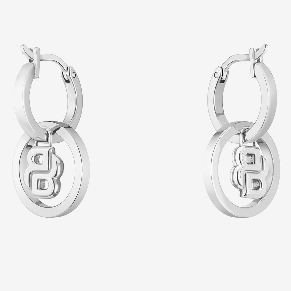BOSS Double B Divine Silver Tone Drop Huggie Hoop Earrings 1580820