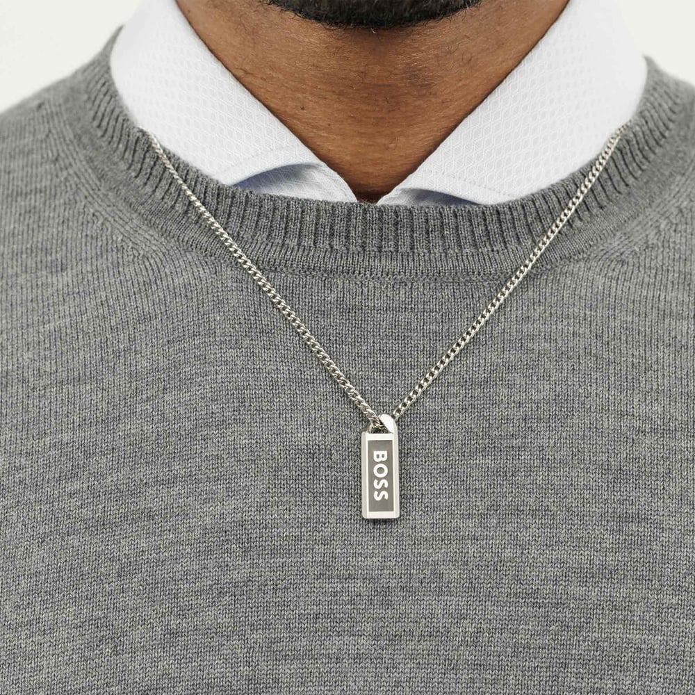 BOSS Mens Silver Kassy Emblem Logo Tag Necklace 1580677
