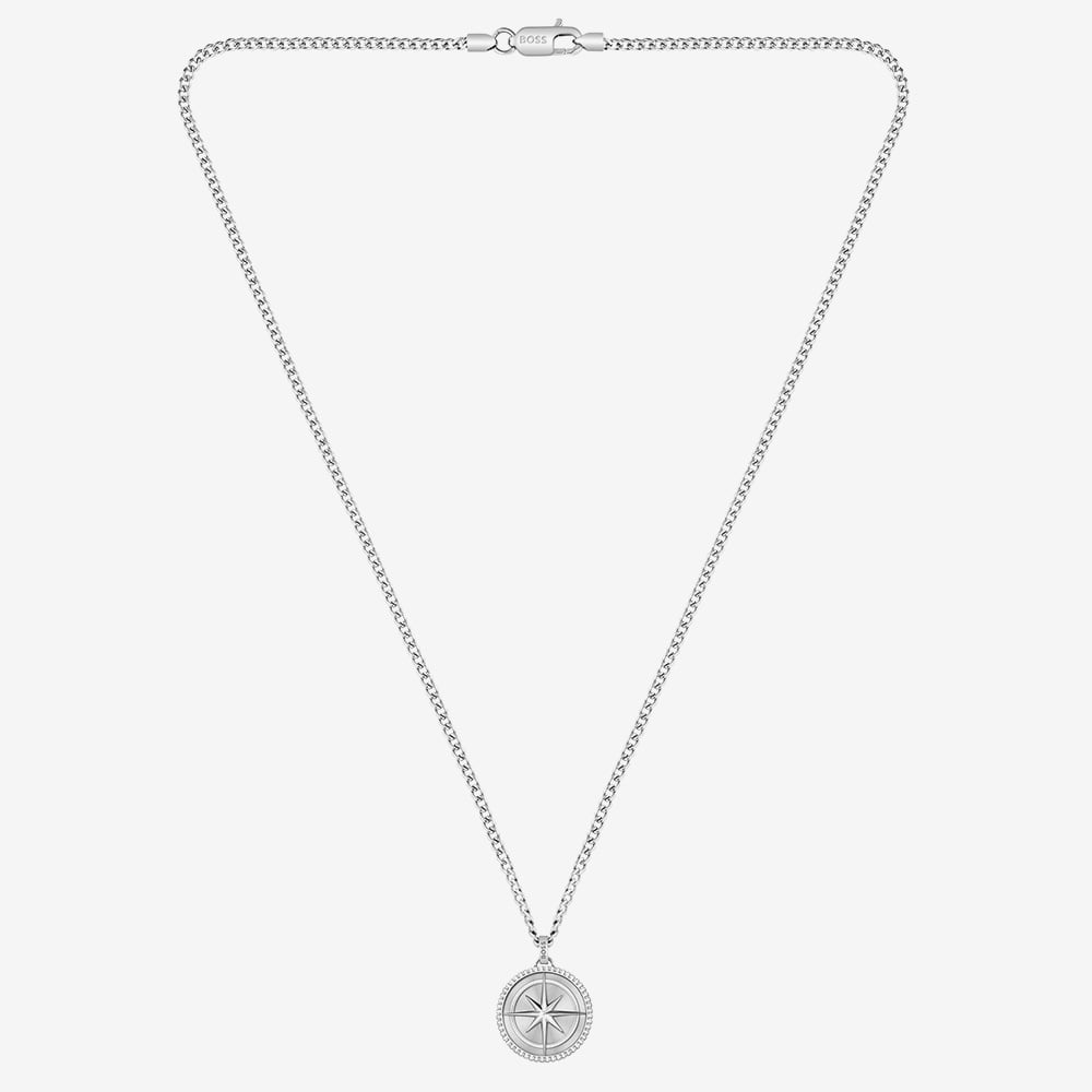 BOSS North Silver Tone Compass Pendant Necklace 1580841