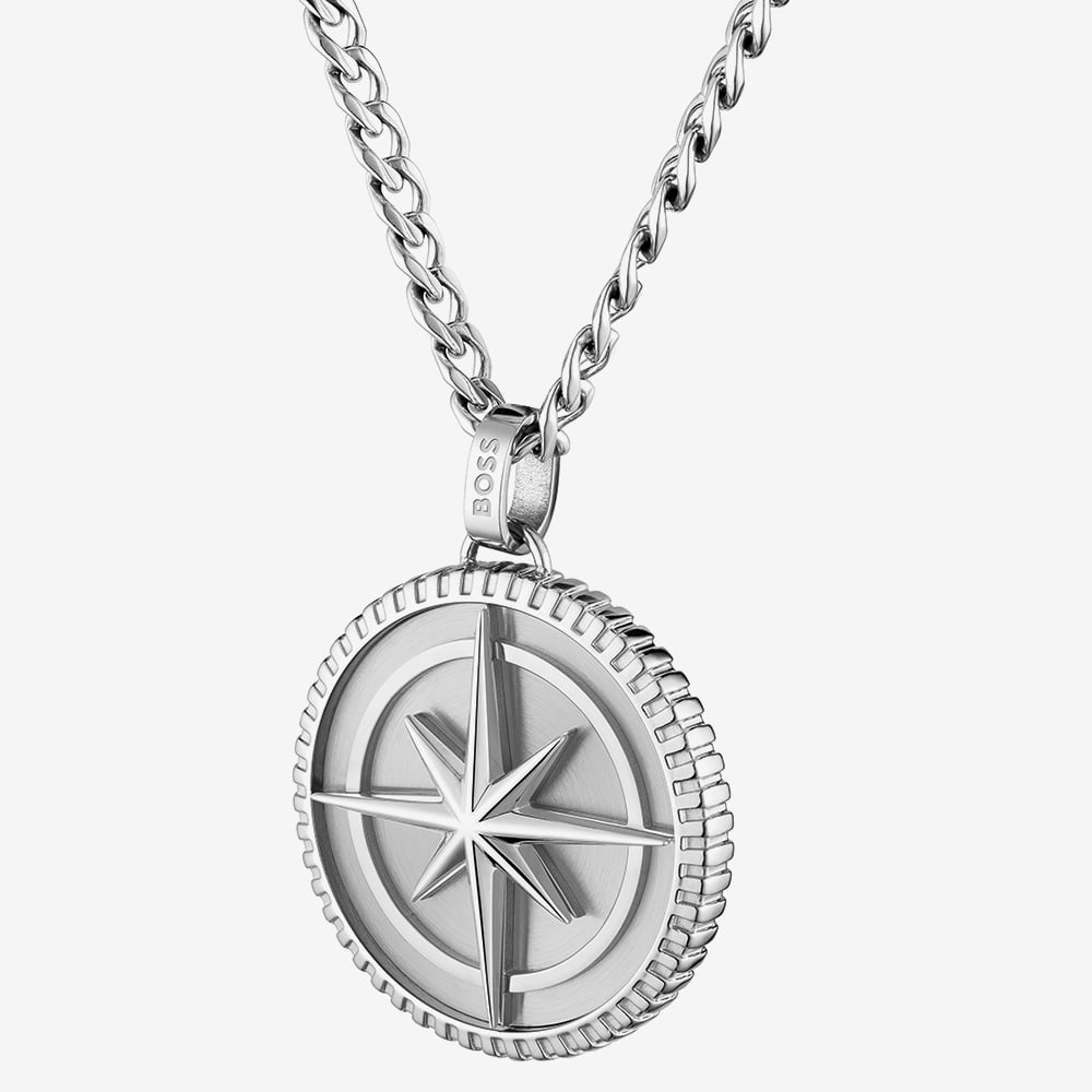 BOSS North Silver Tone Compass Pendant Necklace 1580841