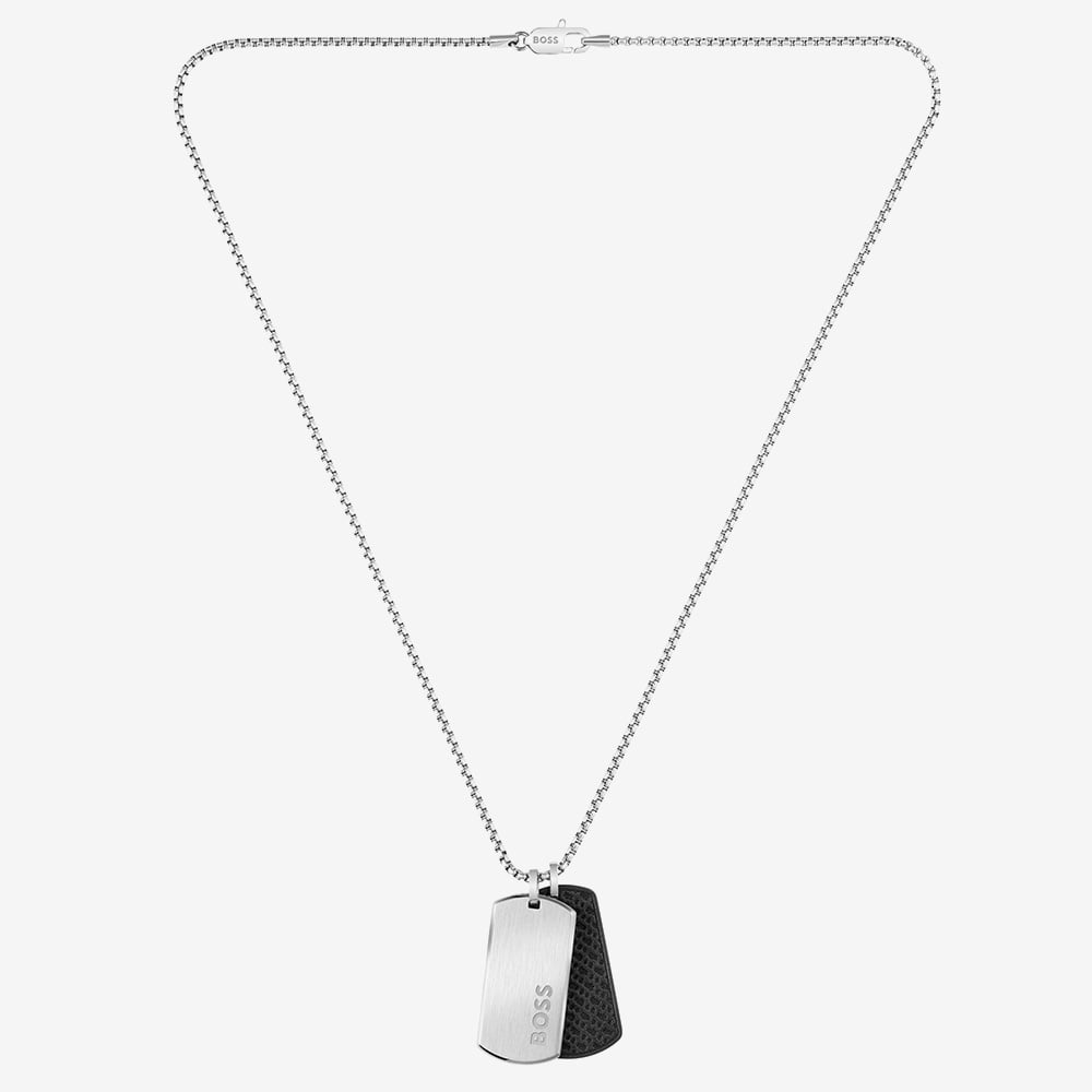 BOSS Devon Stainless Steel Black Leather Dog Tag Necklace 1580760