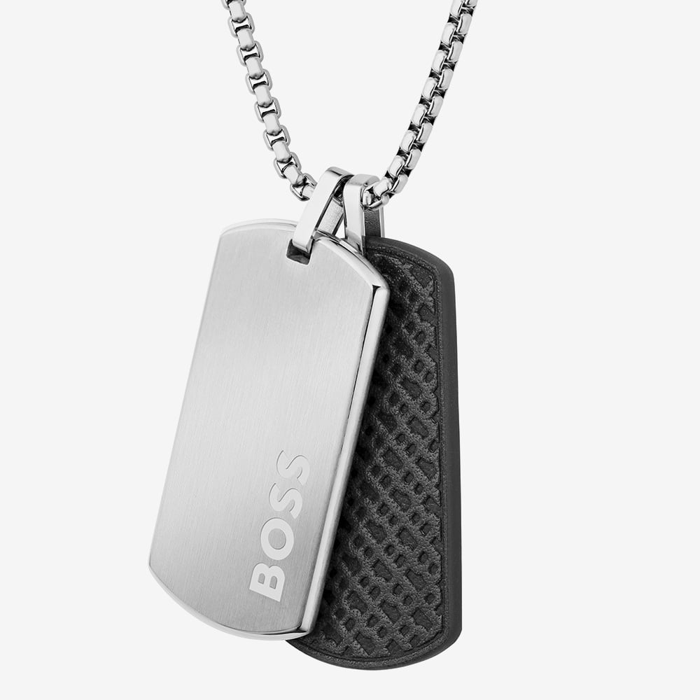 BOSS Devon Stainless Steel Black Leather Dog Tag Necklace 1580760