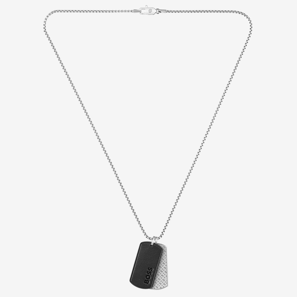 BOSS Devon Stainless Steel Black Leather Dog Tag Necklace 1580760
