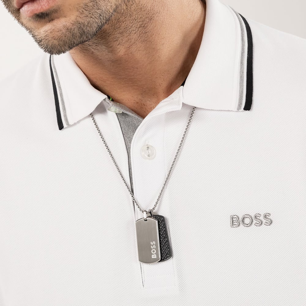 BOSS Devon Stainless Steel Black Leather Dog Tag Necklace 1580760