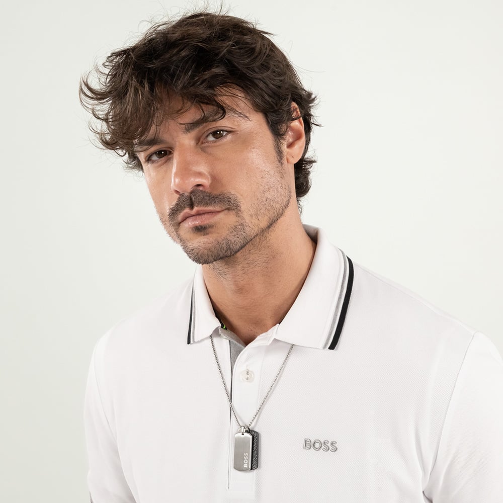 BOSS Devon Stainless Steel Black Leather Dog Tag Necklace 1580760