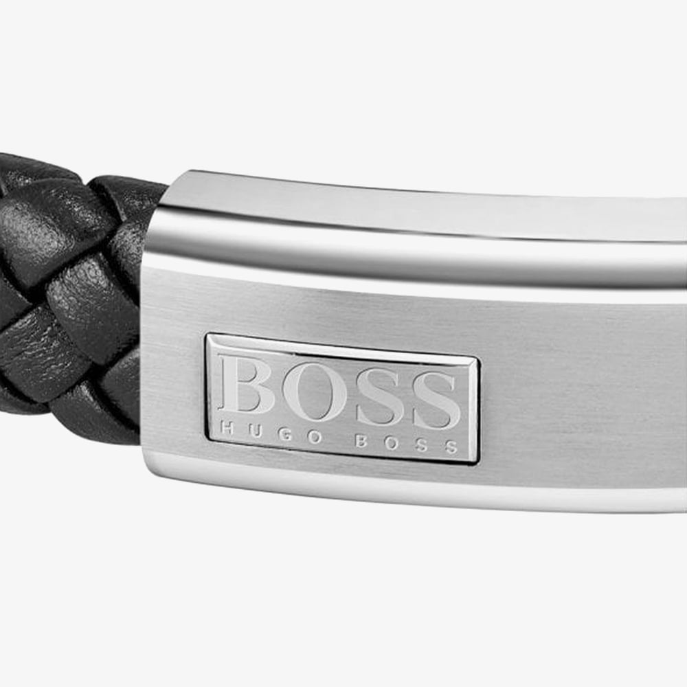 BOSS Lander Black Leather Braided Logo Bracelet 1580178M