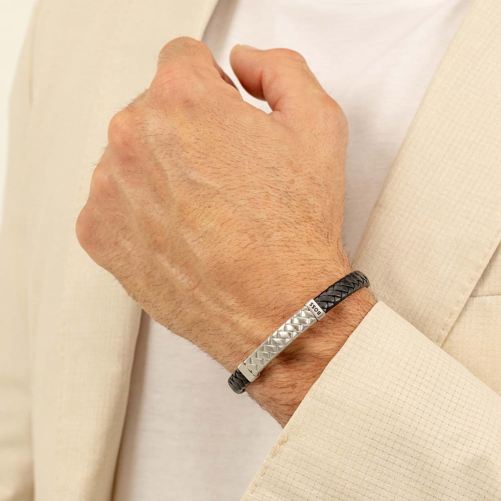 BOSS Mens Tailored Black Braided Leather Bracelet 1580674M