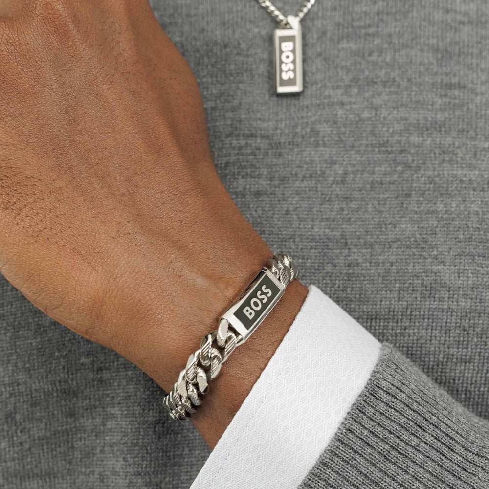 BOSS Mens Kassy Emblem Silver Logo Chain Bracelet  1580679M