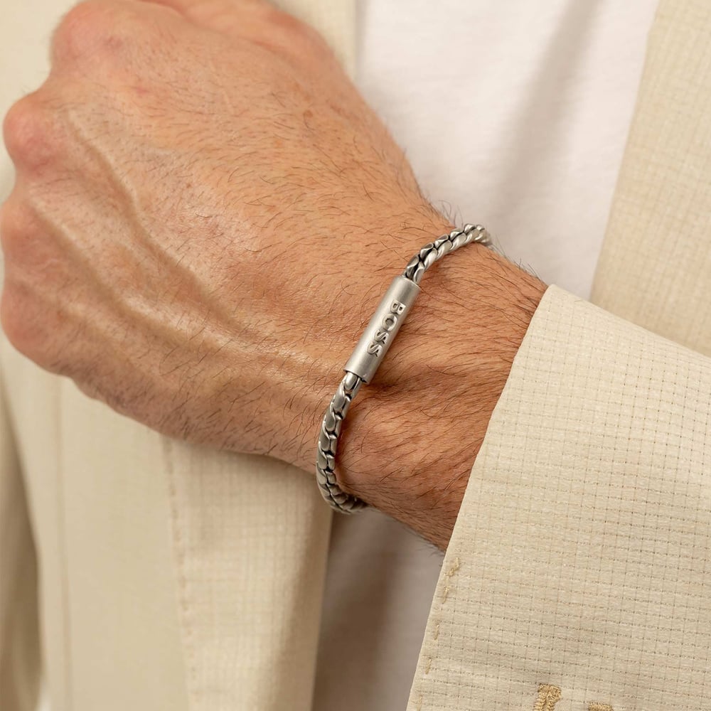 BOSS Mens Doran Silver Logo Clasp Bracelet 1580695