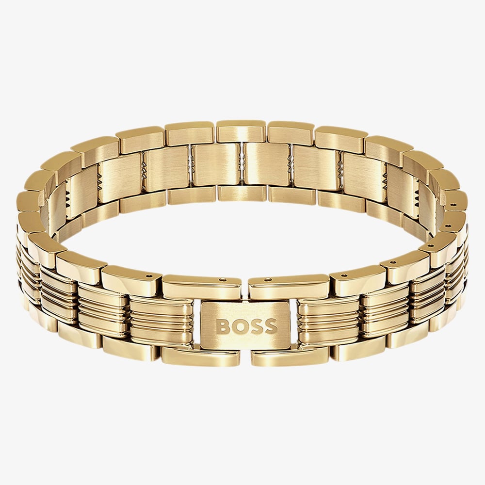 BOSS Emblem Yellow Gold Tone Plated Stainless Steel Multi Link Bracelet 1580887