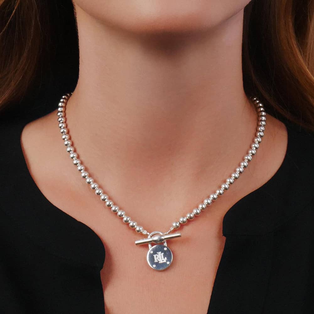 Lauren Ralph Lauren Silver Bead T-Bar Padlock Necklace 60542753-G03