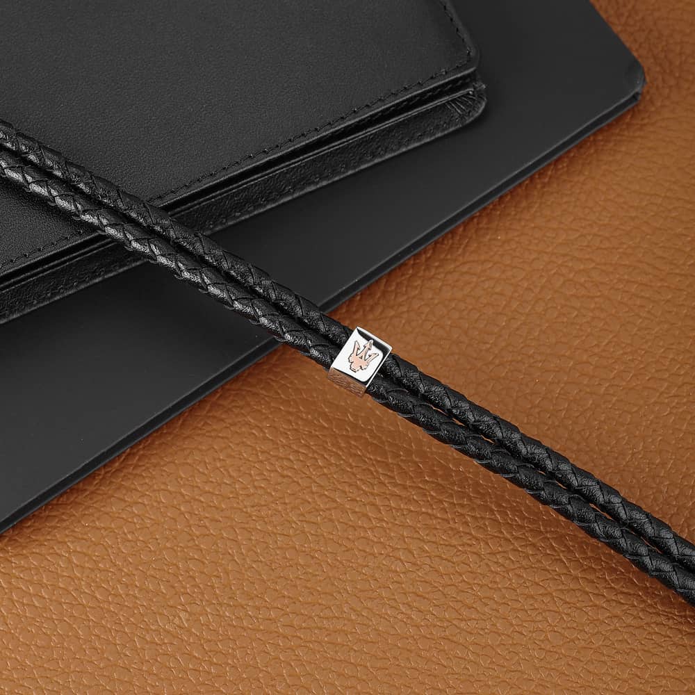 Maserati Black Two Row Braided Leather Rope Bracelet JM422AVE13