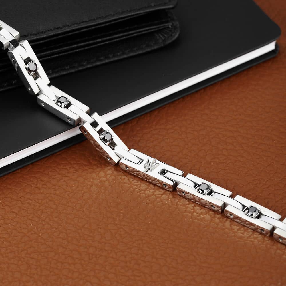 Maserati Silver Rectangle Link Black Crystal Bracelet JM422ATJ10