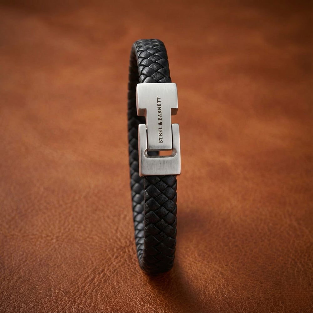 Steel & Barnett Archie Black Leather Braided Bracelet LBA/001
