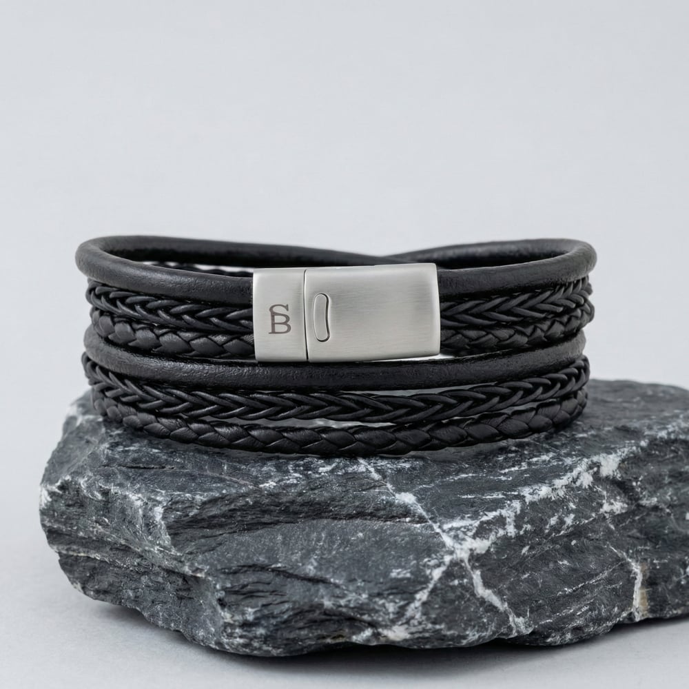 Steel & Barnett Bonacci Black Leather Layered Multi Strand Bracelet LBB/001