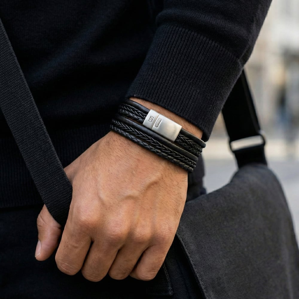 Steel & Barnett Bonacci Black Leather Layered Multi Strand Bracelet LBB/001
