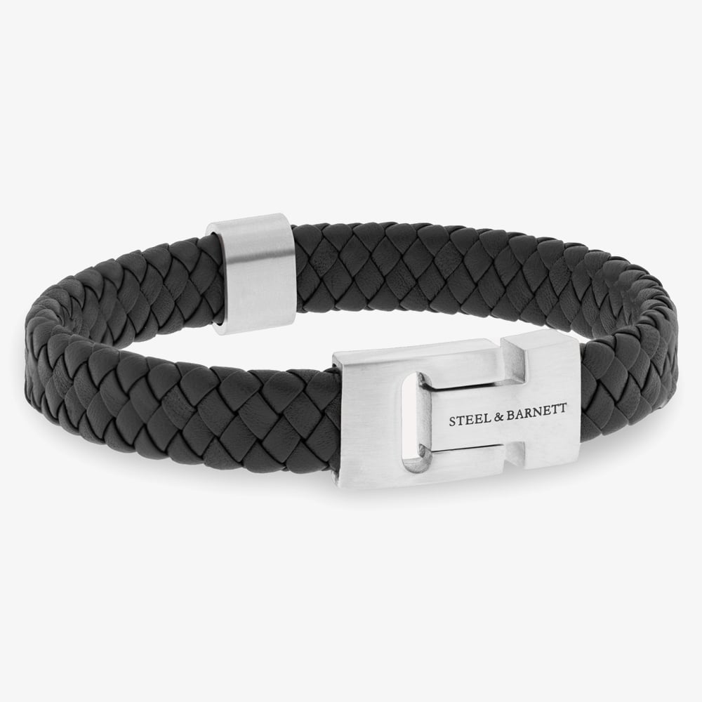 Steel &amp; Barnett Harrison Black Leather Thick Braided Bracelet LBH/001 M