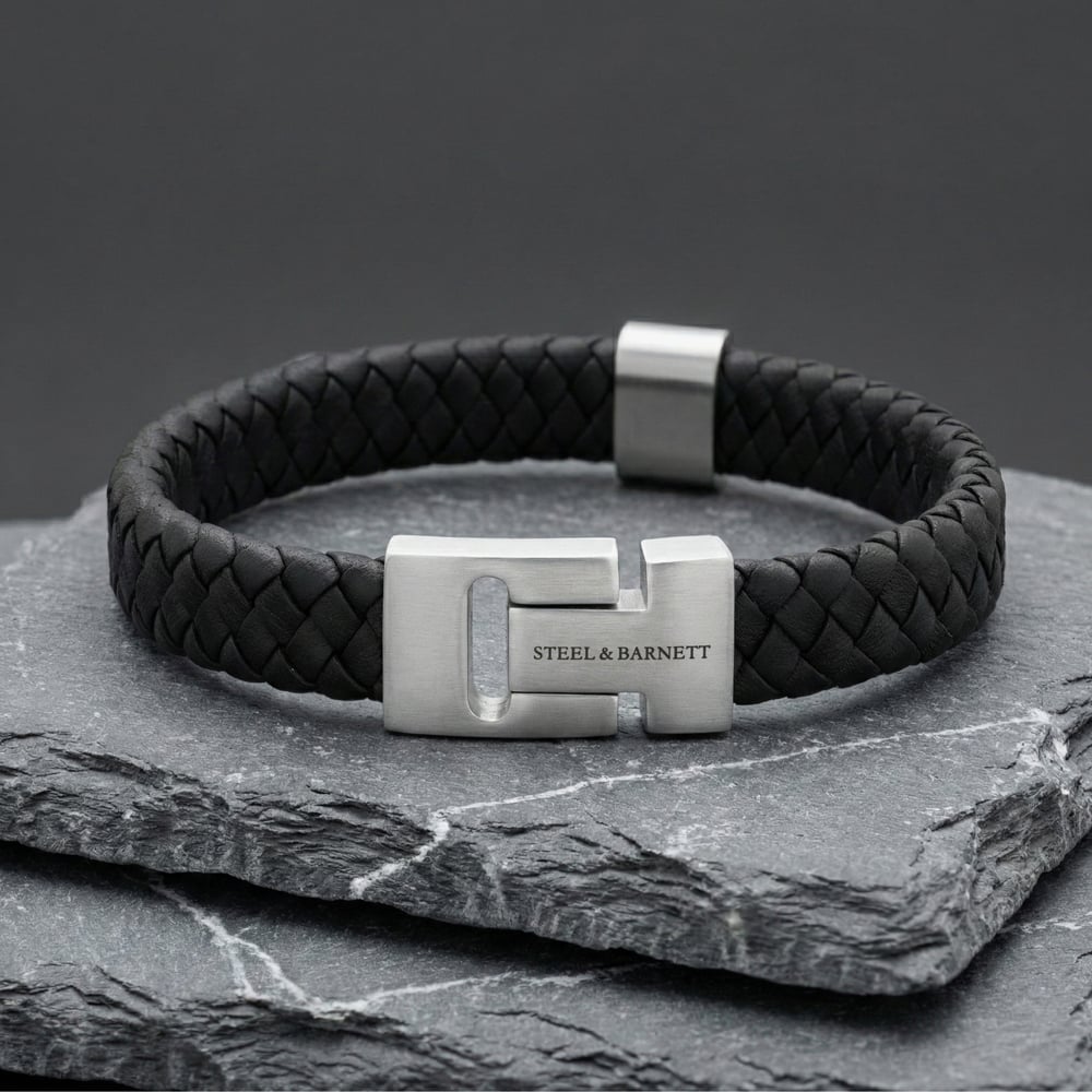 Steel & Barnett Harrison Black Leather Thick Braided Bracelet LBH/001