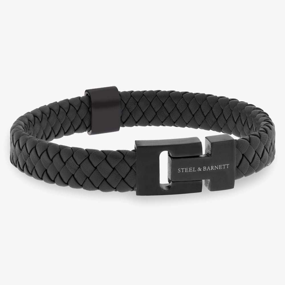 Steel &amp; Barnett Harrison Black Clasp &amp; Leather Thick Braided Bracelet LBH/007 M