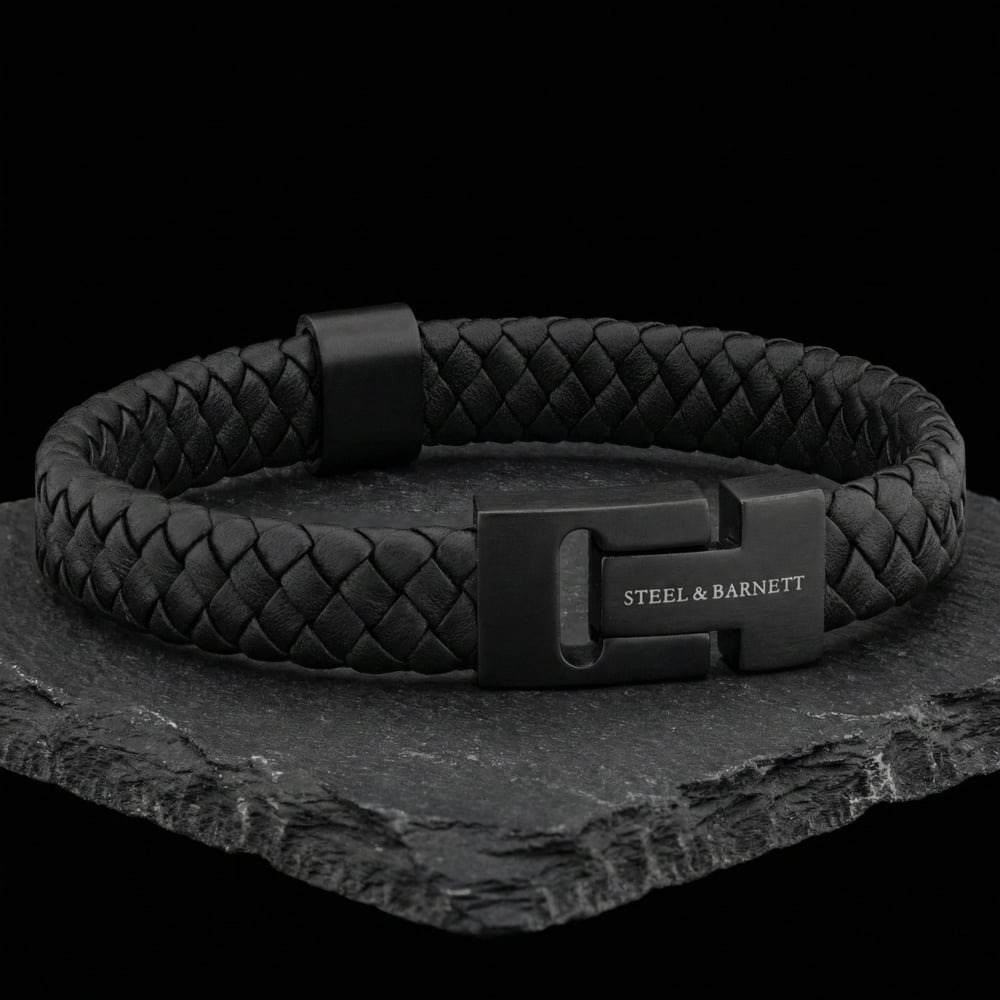 Steel & Barnett Harrison Black Clasp & Leather Thick Braided Bracelet LBH/007