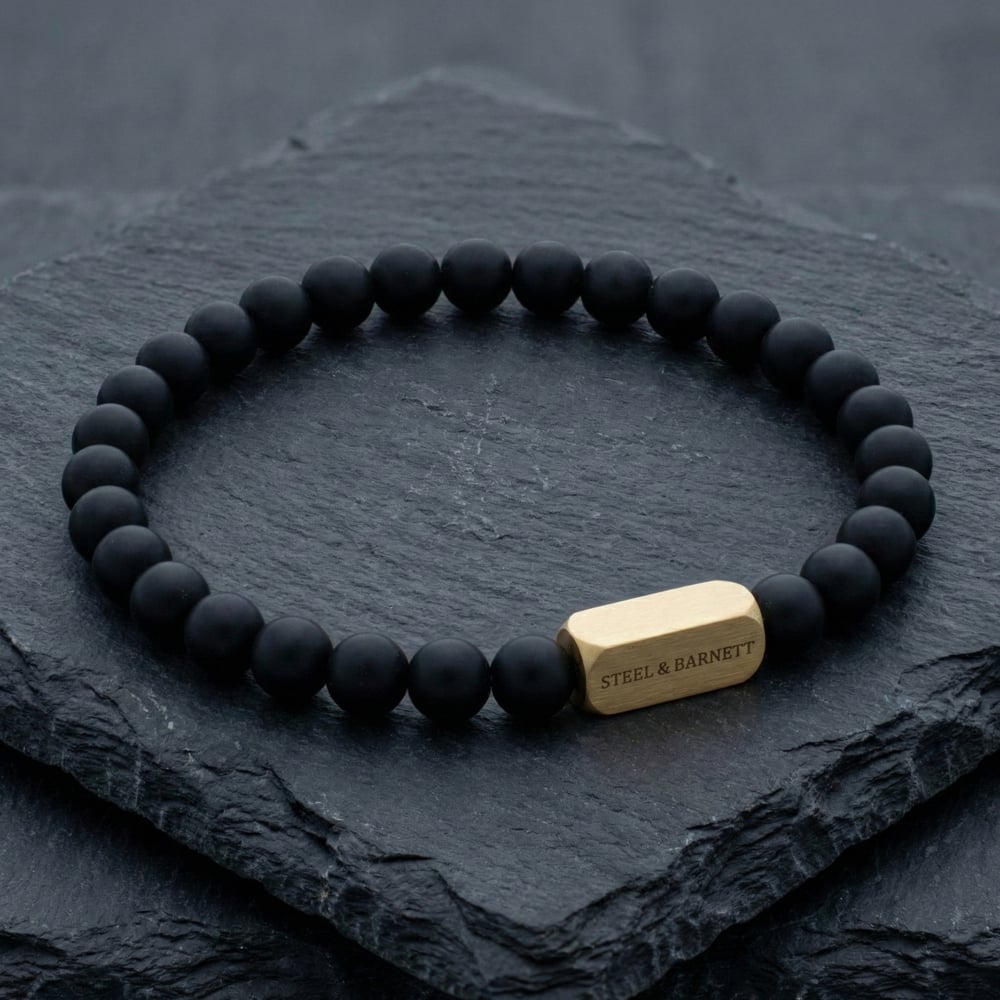 Steel & Barnett Natural Ned 18ct Yellow Gold Plated Black Onyx Gemstone Bead Bracelet SBNN/002
