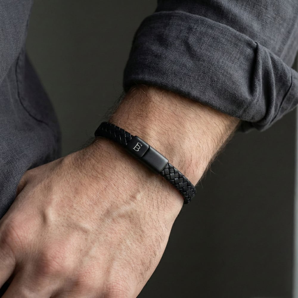 Steel & Barnett Riley Black Edition Braided Black Leather Bracelet BEB/003