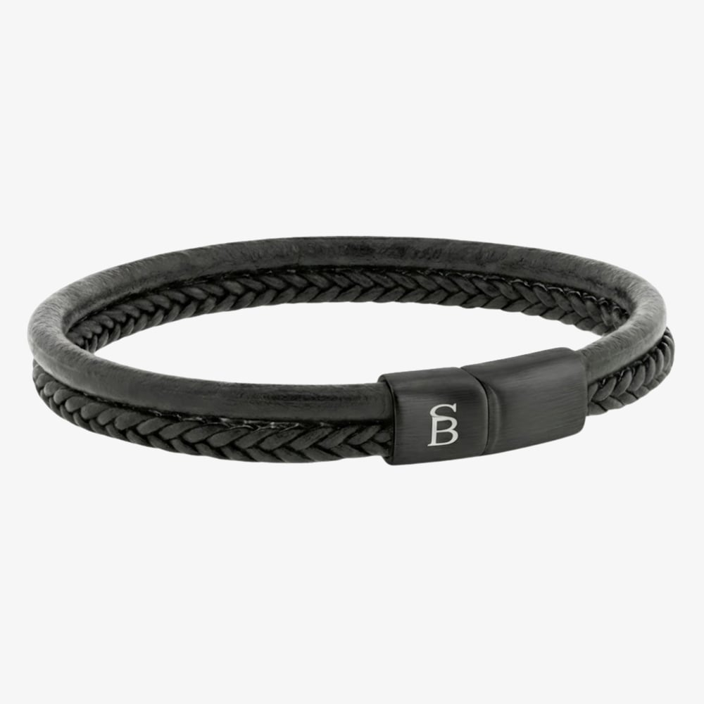 Steel &amp; Barnett Denby Black Edition Two Strand Braided Black Leather Bracelet BEB/004 L