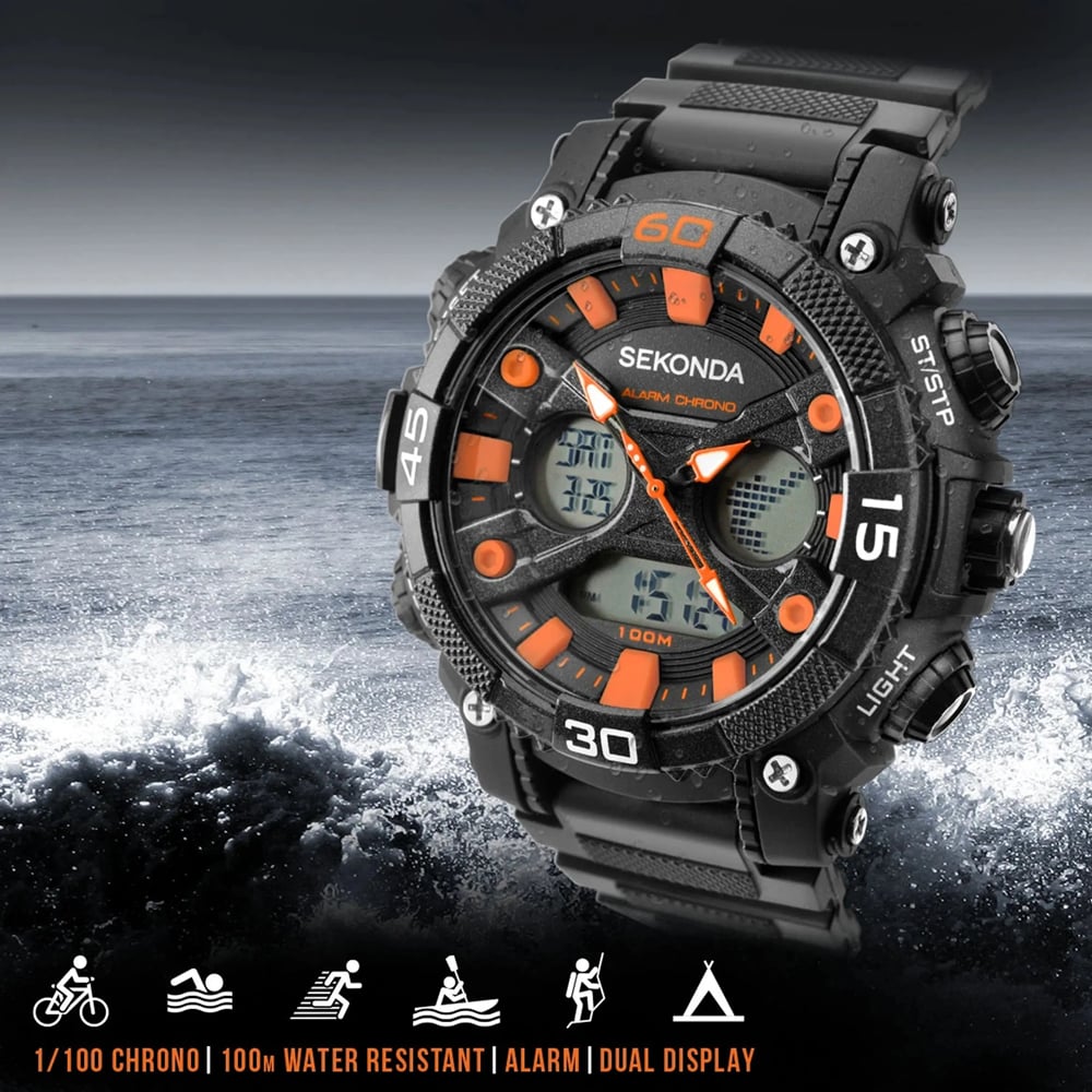 Sekonda Mens Black & Orange Dual Display Watch 1037