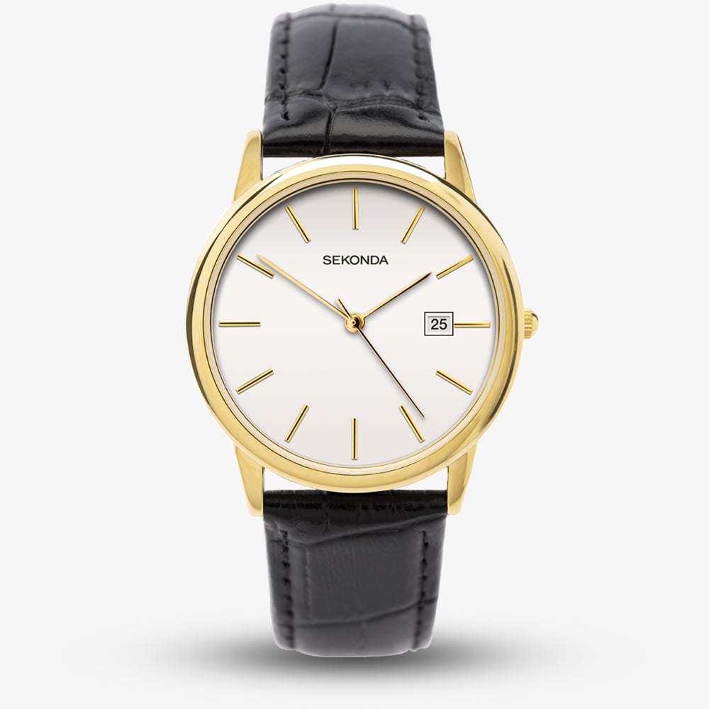 Click to view product details and reviews for Sekonda Mens Gold Tone Black Leather Strap Watch 1718.