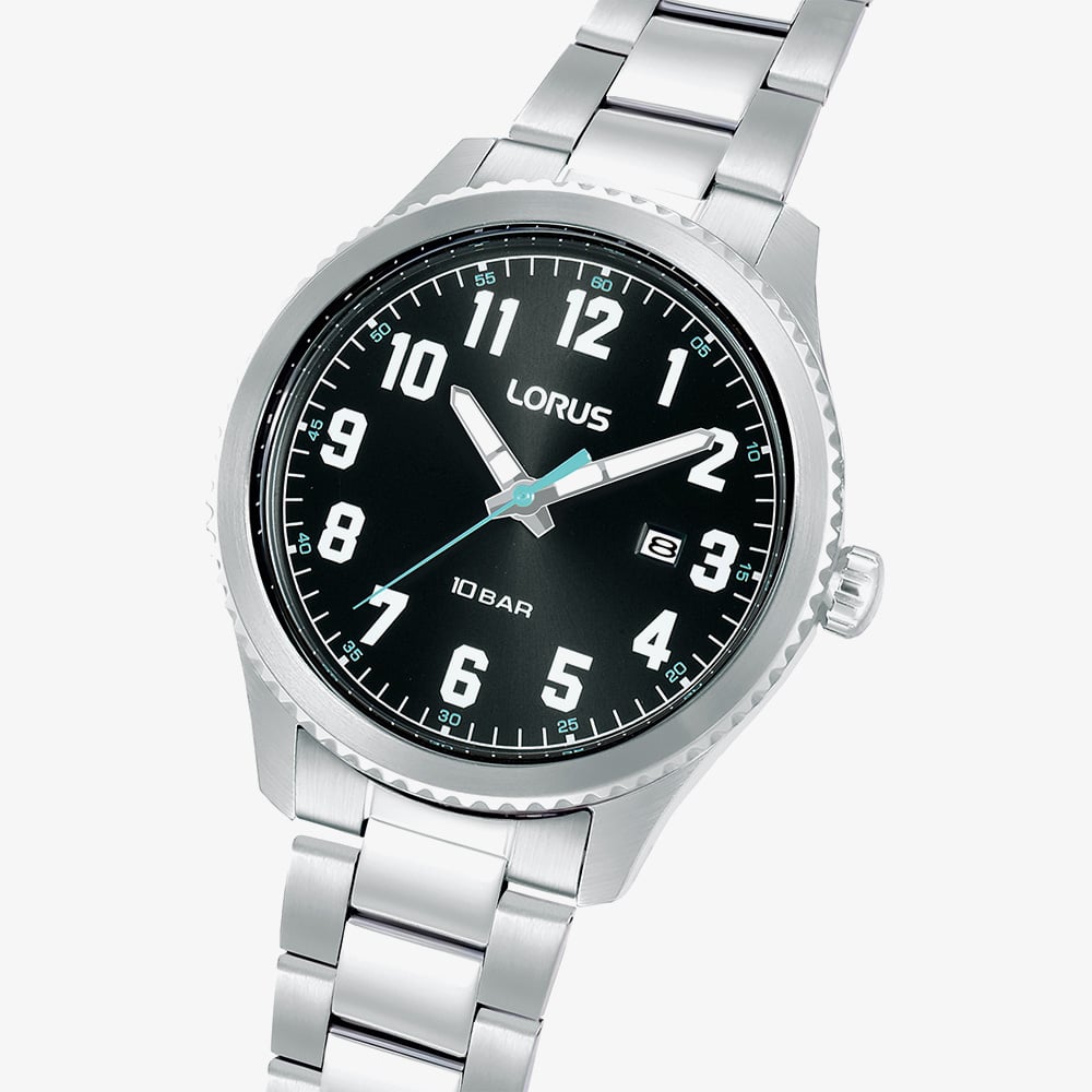 Lorus Mens Sport Black Dial Stainless Steel Bracelet Watch RH979RX9