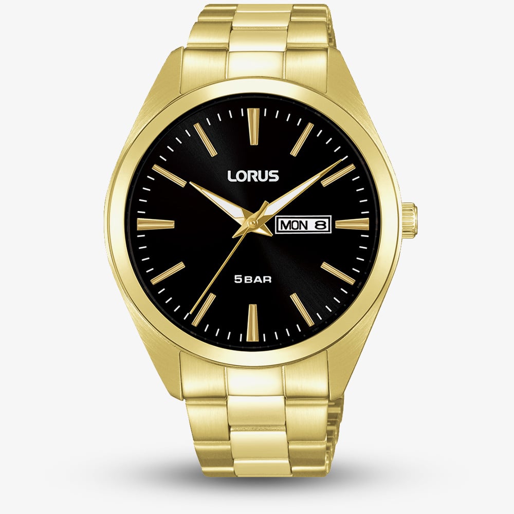 Lorus Mens Gold Tone Black Dial Day Date Watch RJ666AX9