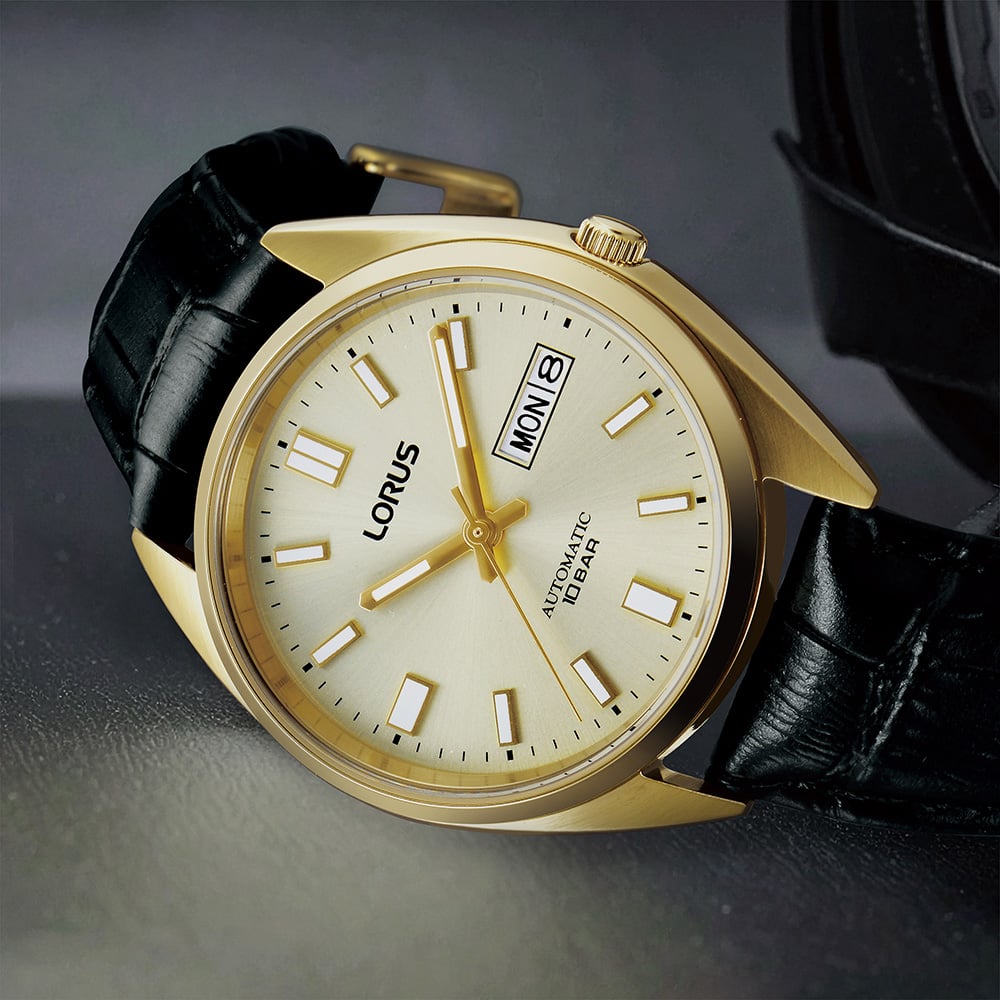 Lorus Mens Champagne Dial Day Date Black Leather Strap Watch RL436CX9